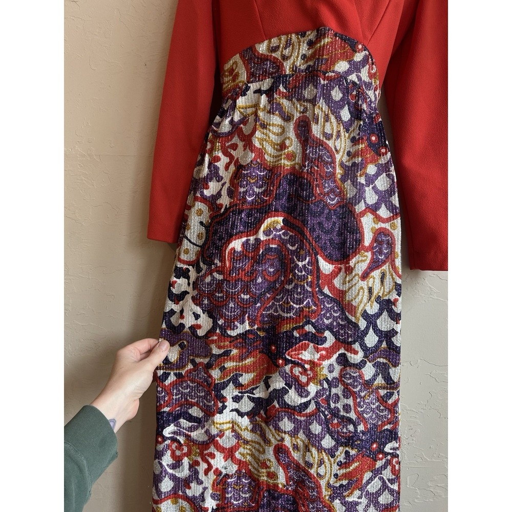 Vintage 1970s Metallic Paisley Maxi Dress M Red Empire Psychedelic Evening Gown - Picture 6 of 11
